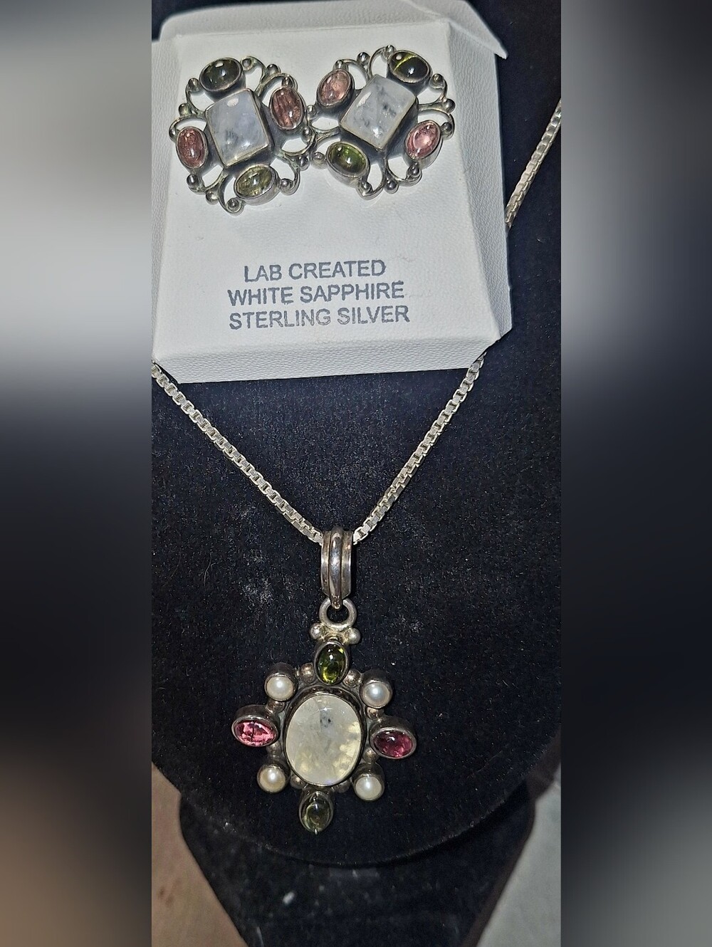 Sterling Silver Moonstone and Multi-Gem Statement Earrings And Necklace Set